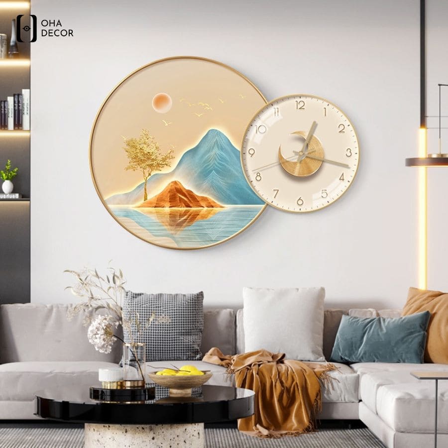 5 bí quyết chọn tranh đồng hồ cho phòng khách phong thủy Buôn Ma Thuột thu hút may mắn 2 Tranh đồng hồ cho phòng khách phong thủy buôn ma thuột họa tiết sơn thủy