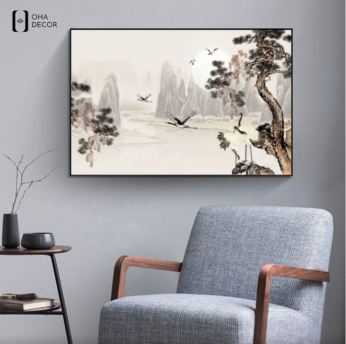 Tranh Tùng Hạc Cảnh Tiên phòng khách Cao Bằng mang ý nghĩa trường thọ và bình an 3 Tranh Tùng Hạc Cảnh Tiên phòng khách Cao Bằng