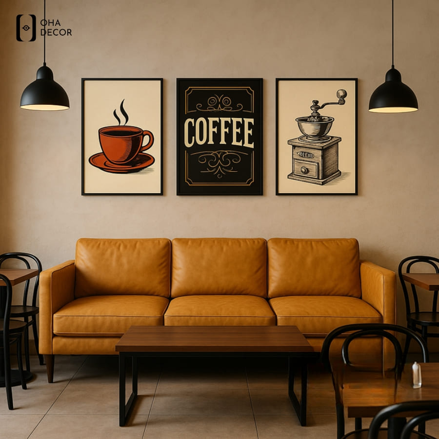 Tranh vintage cafe long xuyên họa tiết cối xay và tách cà phê giúp tạo điểm nhấn 