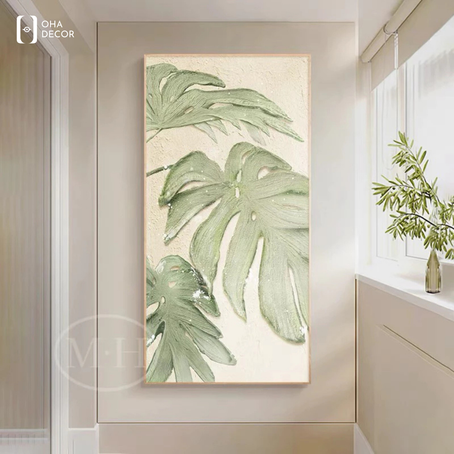 Bộ 3 tranh lá xanh decor homestay Cao Bằng