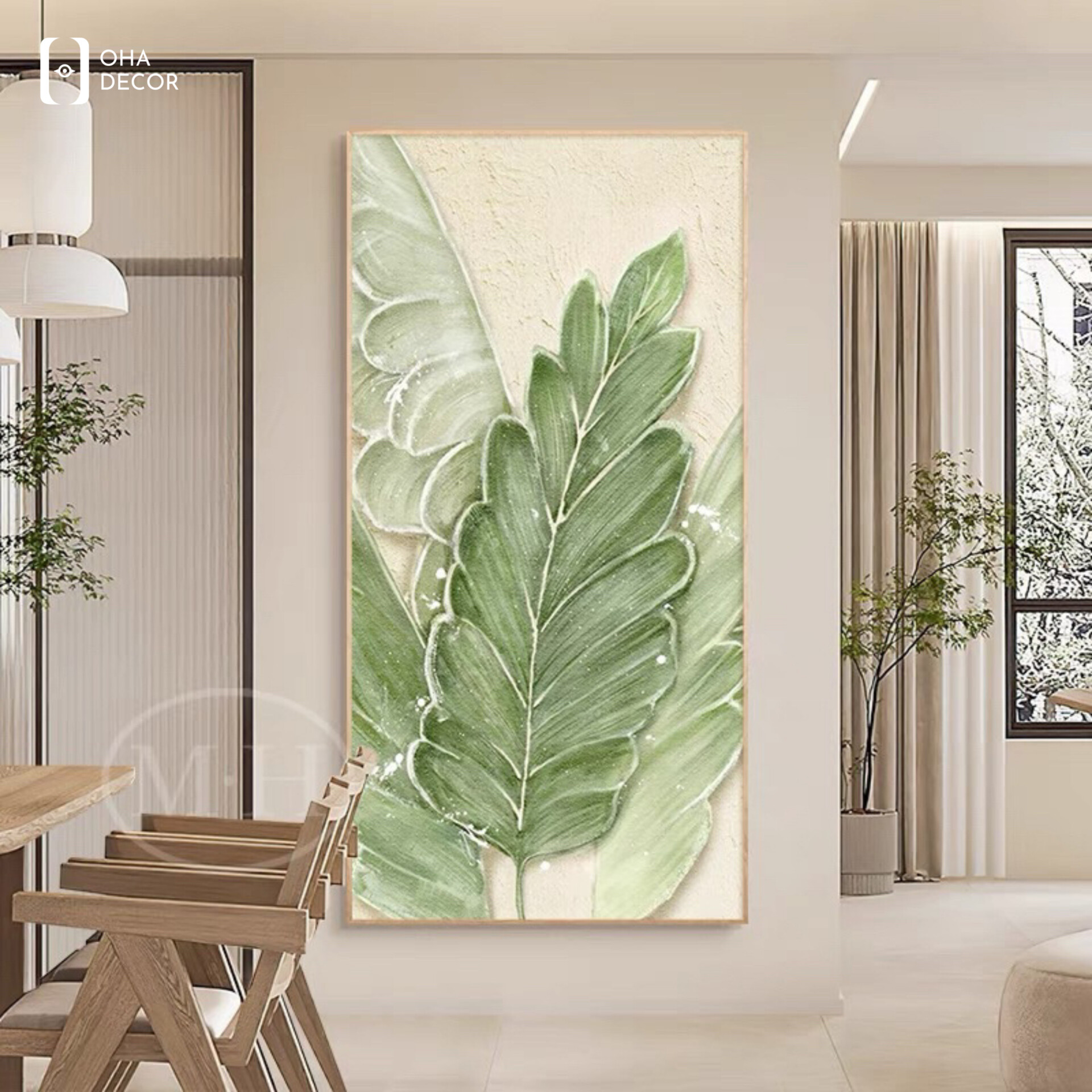 Bộ 3 tranh lá xanh decor homestay Cao Bằng