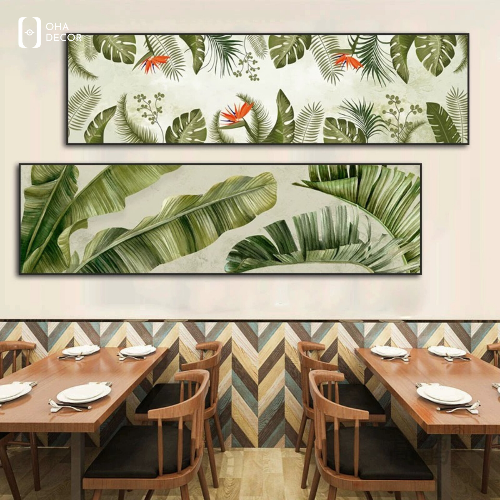 Bộ 3 tranh lá xanh decor homestay Cao Bằng
